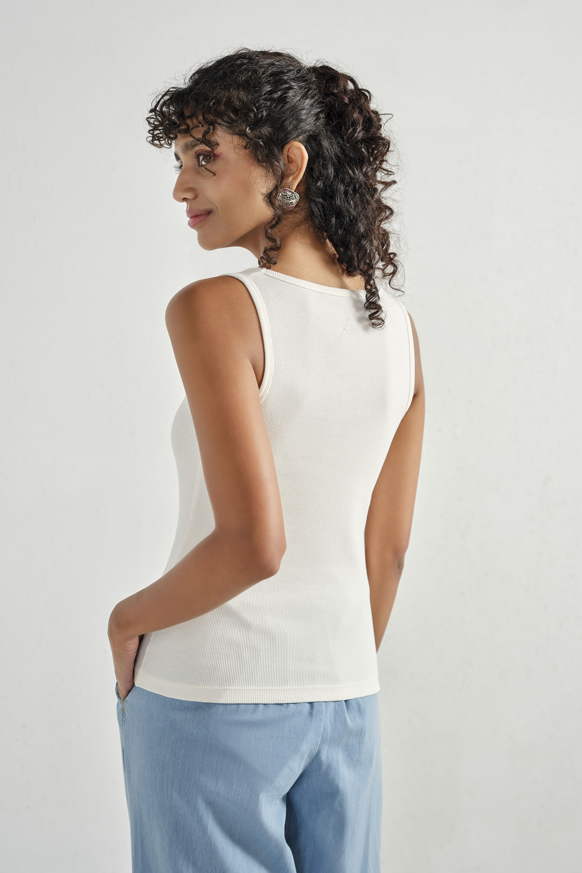 White Ribbed Sleeveless Top, White, image 5